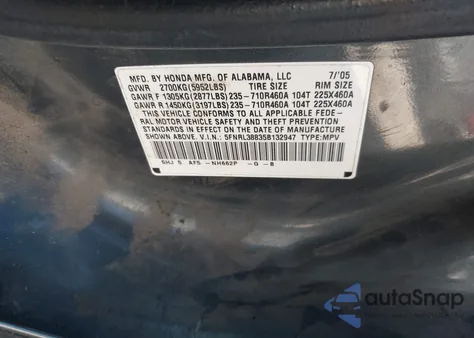 2005 Honda Odyssey Touring from USA, damaged, VIN 5FNRL38835B132947